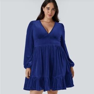 Halara Plus Size Royal Blue Velvet V-Neck Long Sleeve Dress 1X